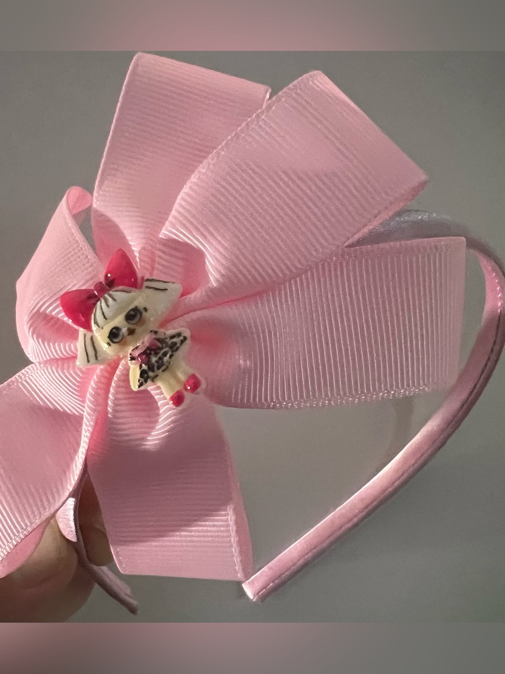 Pink Ribbon Bow Headband with Doll Accent - Kids Hair Accessory